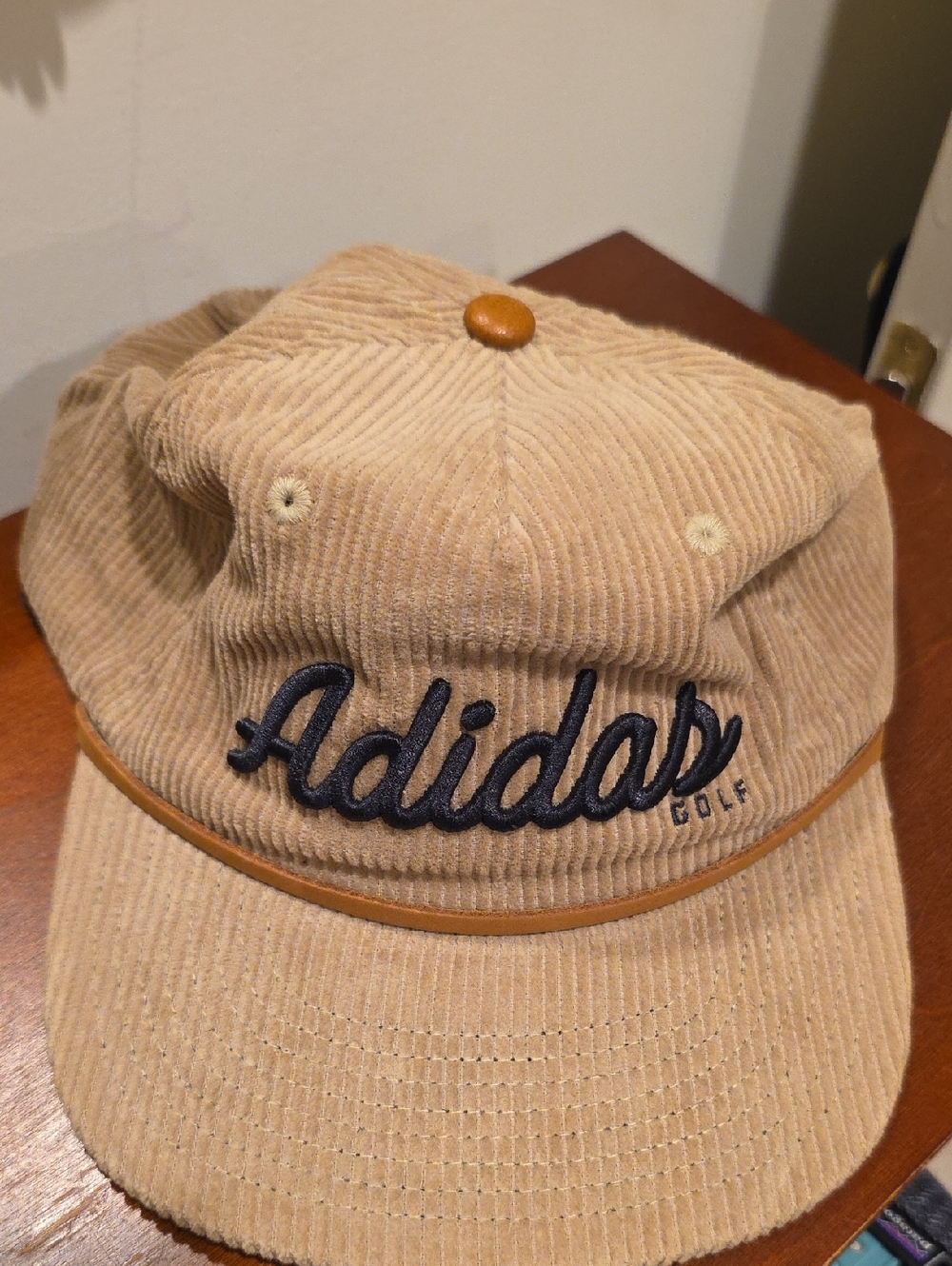 adidas Corduroy Golf Cap in Tan with Navy Script